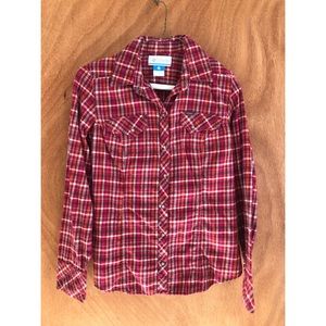 Columbia pink orange plaid button up shirt